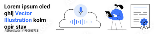 Voice recognition, data storage, user authentication, digital certification, cloud computing, technology usage. Microphone icon in a cloud, user interacting and certified document. Voice recognition