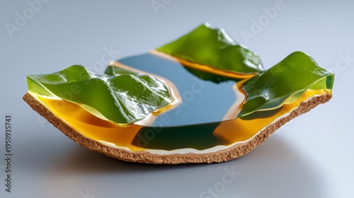 Abstract Miniature Landscape with Green Hills and Blue Water on Textured Base