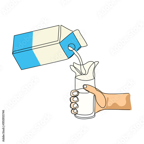 Continuous line sketch drawing of hand pouring paper box carton of fresh milk juice into glass. Product package one single line art concept vector illustration editable stroke