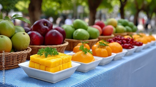 Assorted Fresh Fruits Displayed Outdoors On A Blue Gingham Tablecloth With Natural Sunlight