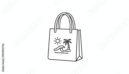 Simple line drawing of a tote bag with a tropical beach scene illustration