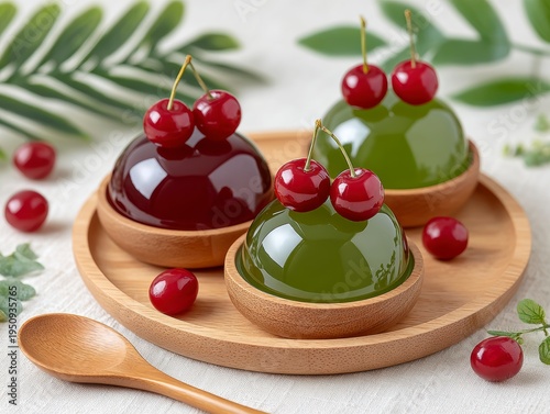 Three Assorted Fruit Jelly Desserts Topped With Cherries on a Wooden Plate