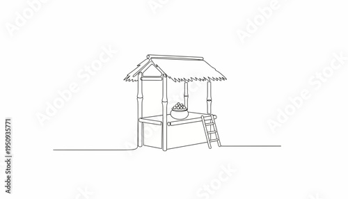 Simple Line Drawing of a Traditional Thatched Hut with a Pot of Food