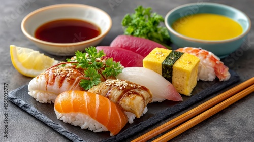 Assorted Sushi Platter Featuring Salmon Tuna Eel and Shrimp Nigiri With Soy Sauce and Wasabi