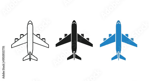 Three airplane icons in different colors on a for travel or aviation concepts