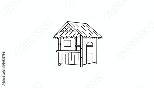 Simple Line Drawing of a Tropical Hut with Thatched Roof and Open Counter