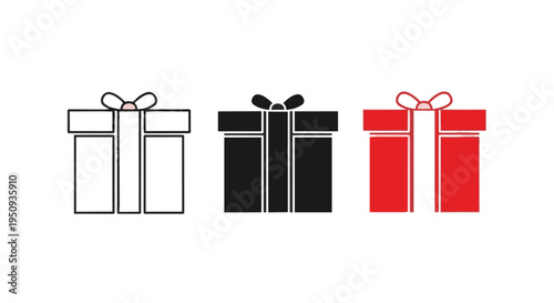 Three colorful gift boxes with ribbons and bows on top in a row