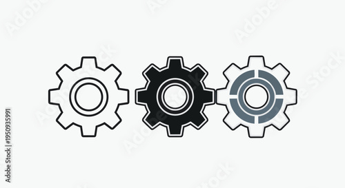 Three gear icons in black, white, and blue on a pure for industrial or mechanical concepts
