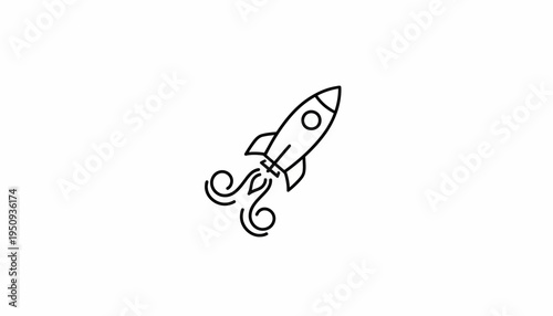 Simple Line Art Rocket Launching into Space, Speed and Innovation Icon