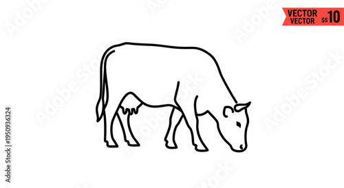 Simple Line Drawing of a Cow Grazing on a White Background