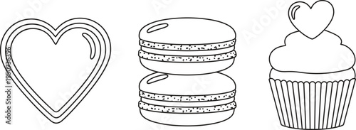 Set of minimalist outline vector icons featuring a heart stacked macarons and a cupcake ideal for Valentines Day sweet treat branding or romantic designs