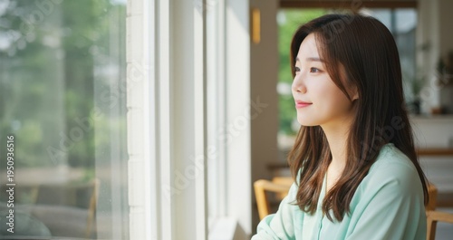 Woman looks out of a window in a bright cafe during daytime in a calm setting Free Download Woman looks out of a window in a bright cafe during daytime in a calm setting - GFXLoad