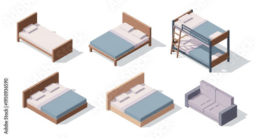 Collection of Isometric Beds and Sofa Furniture.