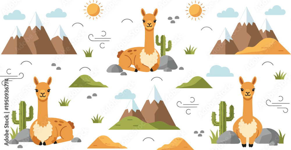 Fototapeta premium Cute Llama Cartoon Character Set with Desert Mountains Cactus Sun and Nature Landscape Elements for Wildlife Vector Illustration Collection