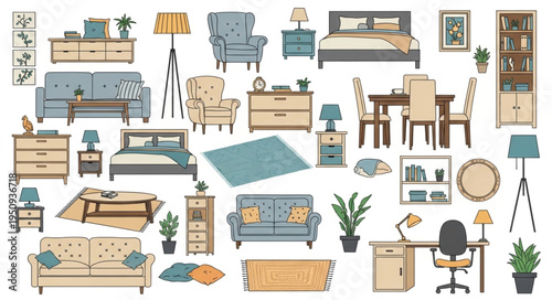 Collection of home furniture and decor items illustration.