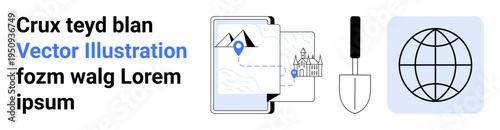 Travel, navigation, exploration, global connectivity, tourism planning, map tools. Digital map with landmarks, location pin shovel and globe illustration. Travel and navigation concepts