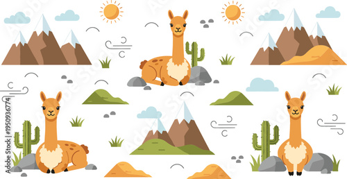 Cute Llama Cartoon Character Set with Desert Mountains Cactus Sun and Nature Landscape Elements for Wildlife Vector Illustration Collection