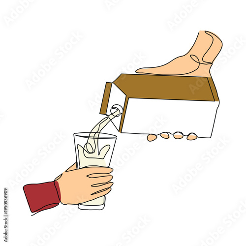 Continuous line sketch drawing of hand pouring paper box carton of fresh milk juice into glass. Product package one single line art concept vector illustration editable stroke