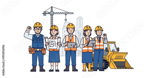 Construction Team Workers Standing Together With Equipment.