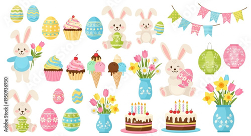 Easter Celebration Elements Collection With Bunnies Eggs Cakes And Flowers.