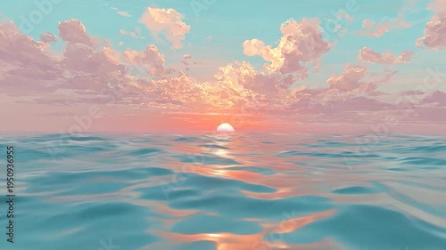 Gentle ocean waves reflect a soft sunset sky with pastel clouds