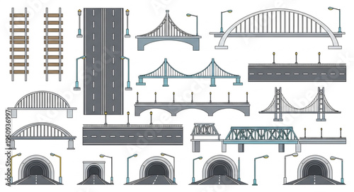 Collection of bridges and tunnels illustrations for design.