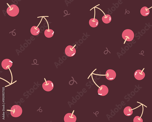 Cherry seamless pattern. Bold red cherries on maroon background. Rich fruit design. Seamless vector pattern.