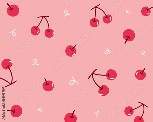 Cherry seamless pattern. Cute scattered cherries on pink background. Sweet fruit theme. Seamless vector pattern.
