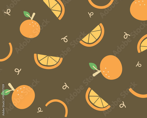 Orange seamless pattern. Juicy citrus fruits on dark brown background. Warm fruit style. Seamless vector pattern.
