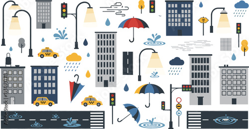 Rainy City Urban Elements Vector Set with Buildings Street Lights Umbrellas Traffic Signals Cars Puddles and Weather Icons for Modern City Illustration