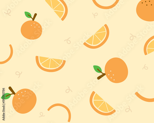 Orange seamless pattern. Fresh citrus fruits on light yellow background. Bright summer theme.