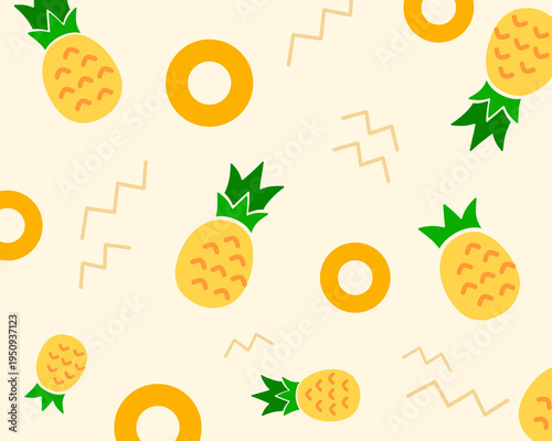 Pineapple seamless pattern. Tropical fruits on light yellow background. Summer fruit theme. Seamless vector pattern.