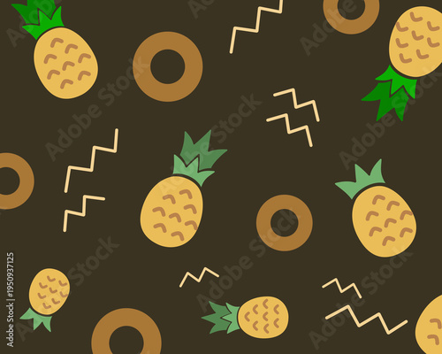 Pineapple seamless pattern. Exotic pineapples on dark brown background. Bold tropical style. Seamless vector pattern.