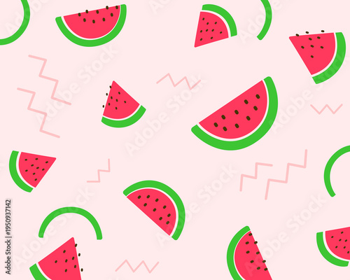 Watermelon seamless pattern. Sliced watermelon pieces on light pink background. Fresh summer theme. Seamless vector pattern.