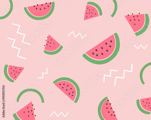 Watermelon seamless pattern. Pastel sliced watermelon on soft pink background. Cute fruity style. Seamless vector pattern.
