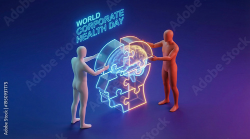 Creative conceptual illustration of teamwork and mental wellness for world corporate health day showing stylized business figures building a glowing human brain puzzle together.
