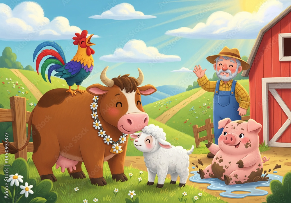 Fototapeta premium A serene farm scene with a sleeping fox surrounded by a cow, goat, pig, rooster, and farmer in a lush green landscape with a red barn.