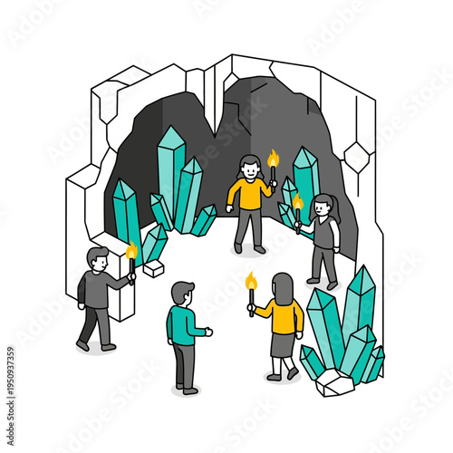 People standing inside a crystal cave.