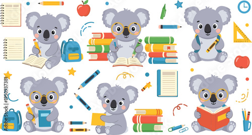 Cute Koala Student Cartoon Character Set with Books Backpack Glasses Pencils and School Education Elements for Learning Vector Illustration Collection