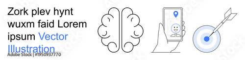 Technology, decision-making, navigation, goal-setting, cognitive processing, and innovation. Brain, smartphone with geolocation and target with arrow. Technology and decision-making concepts