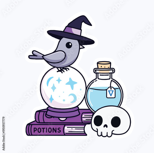 Charming cartoon bird wearing a witch hat sits atop a glowing crystal ball surrounded by magical books, a potion, and a skull.
