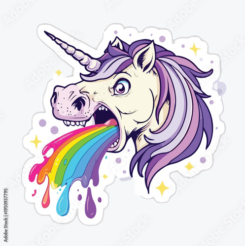 Funny cartoon unicorn head sticker illustration spewing a vibrant colorful rainbow from its mouth with a shocked expression and sparkles.