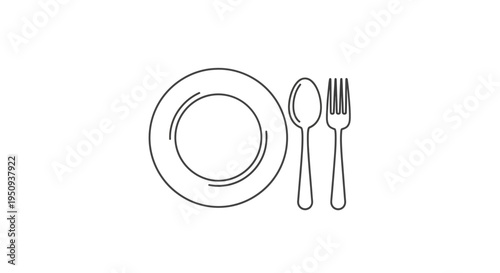 Simple Line Art Icon of a Plate, Spoon, and Fork