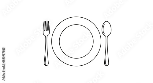 Simple Line Art Icon of a Plate with Fork and Spoon, Minimalist Dining Setup