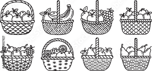 Eight wicker baskets filled with various fruits and vegetables Vector