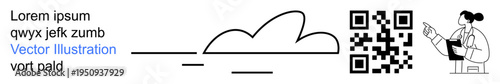 Digital learning, cloud storage, innovation, scans, data sharing, technology. QR code with cloud and doctor pointing to an element. Digital learning and cloud storage concept