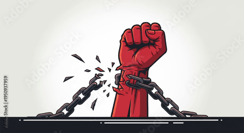 Raised fist breaking free from chains symbolizing liberation and freedom
