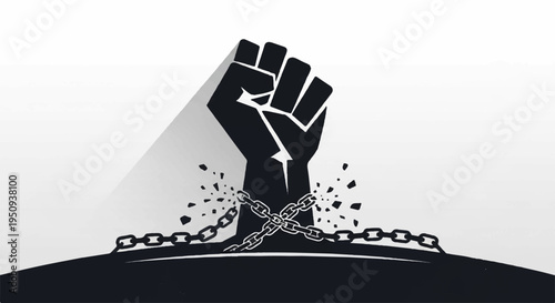 Raised fist breaking free from chains symbolizing liberation and freedom struggle
