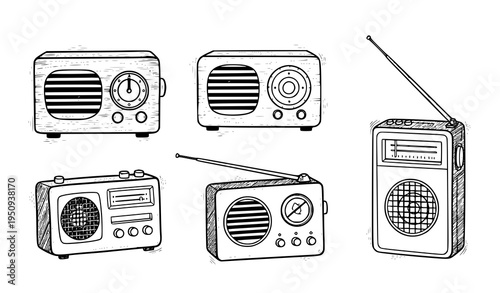 Retro radio doodle sketch vintage music receiver vector illustration