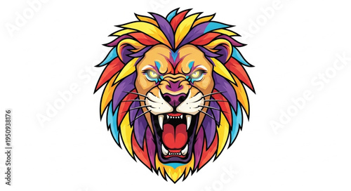 Colorful Lion Head Roaring Aggressively.